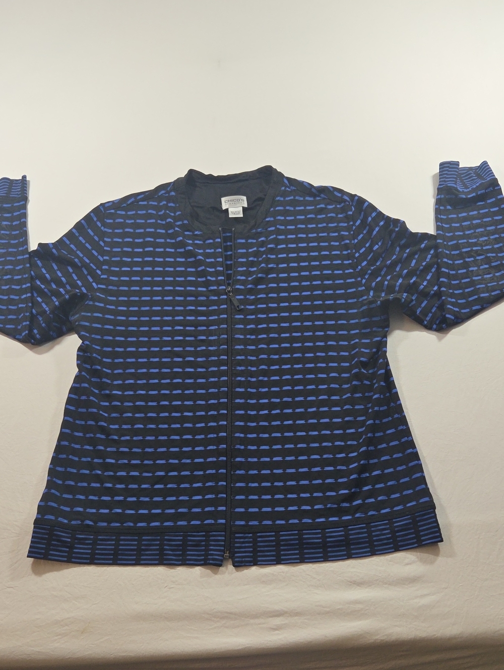 Chico's Travelers Black and Blue Striped Zip-Front Women's Jacket
